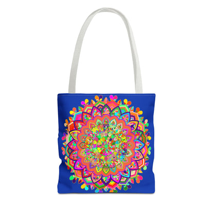 Dark blue tote bag featuring a vibrant and intricate mandala art design