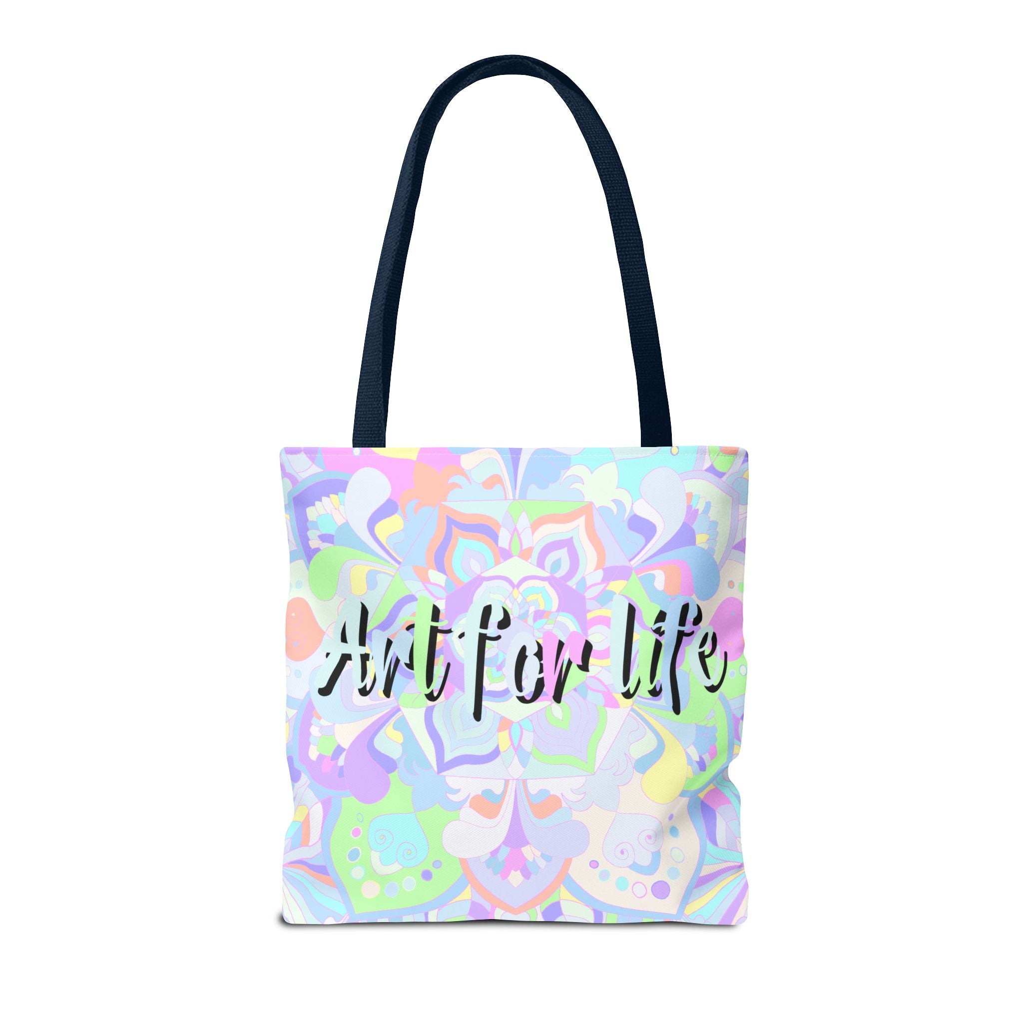 Colorful Mandala Tote Bag with 'Art for Life' Quote, perfect for carrying essentials in style, featuring vibrant, intricate mandala design