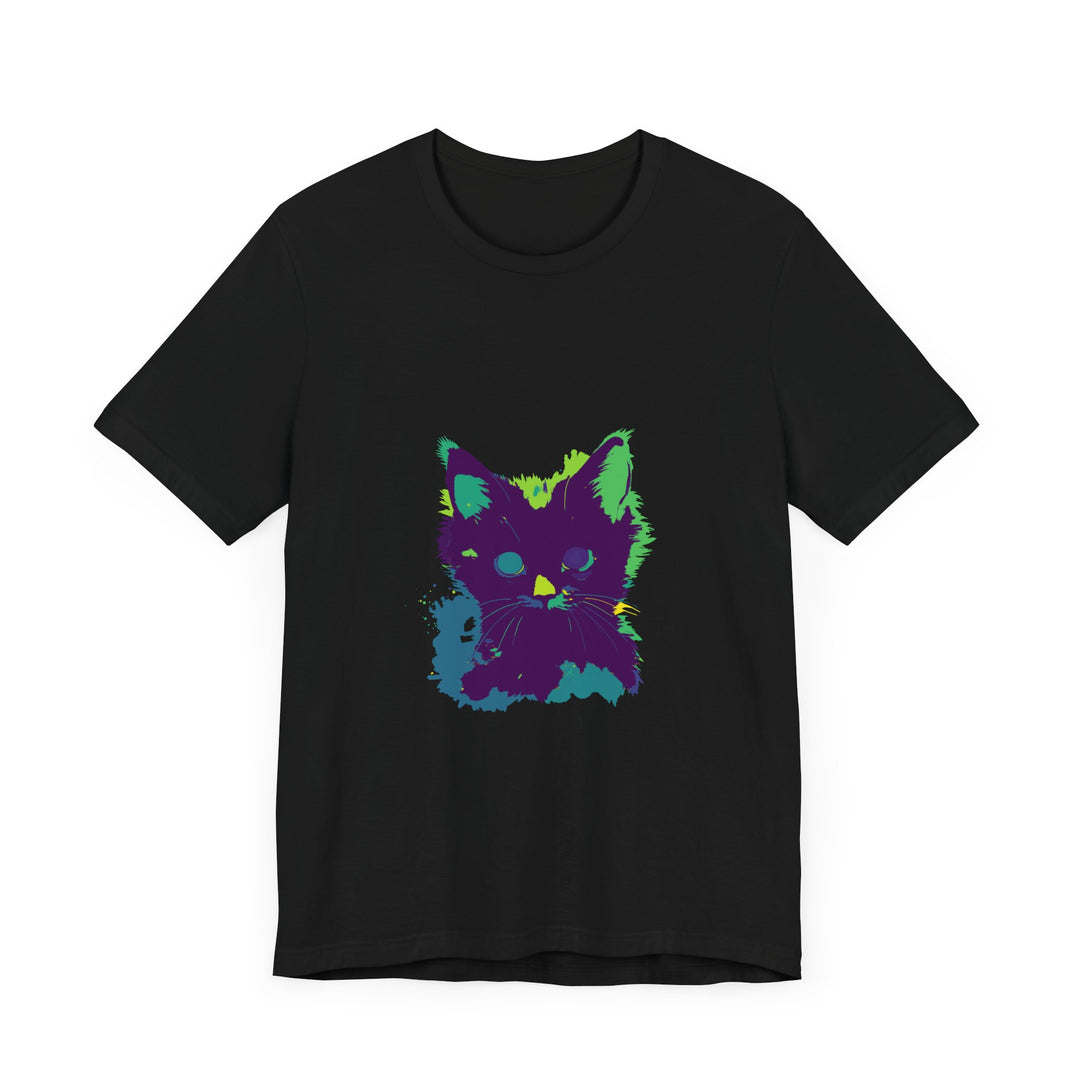 A close-up image of a black t-shirt with a neon green cat design and mysterious text, the Neon Black Cat Mystery T-Shirt