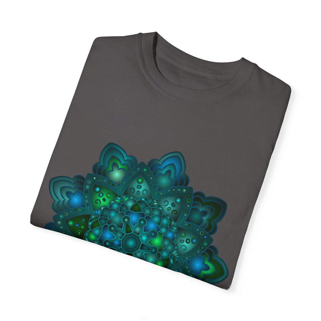 Beautiful unisex t-shirt featuring an intricate blue and green mandala design