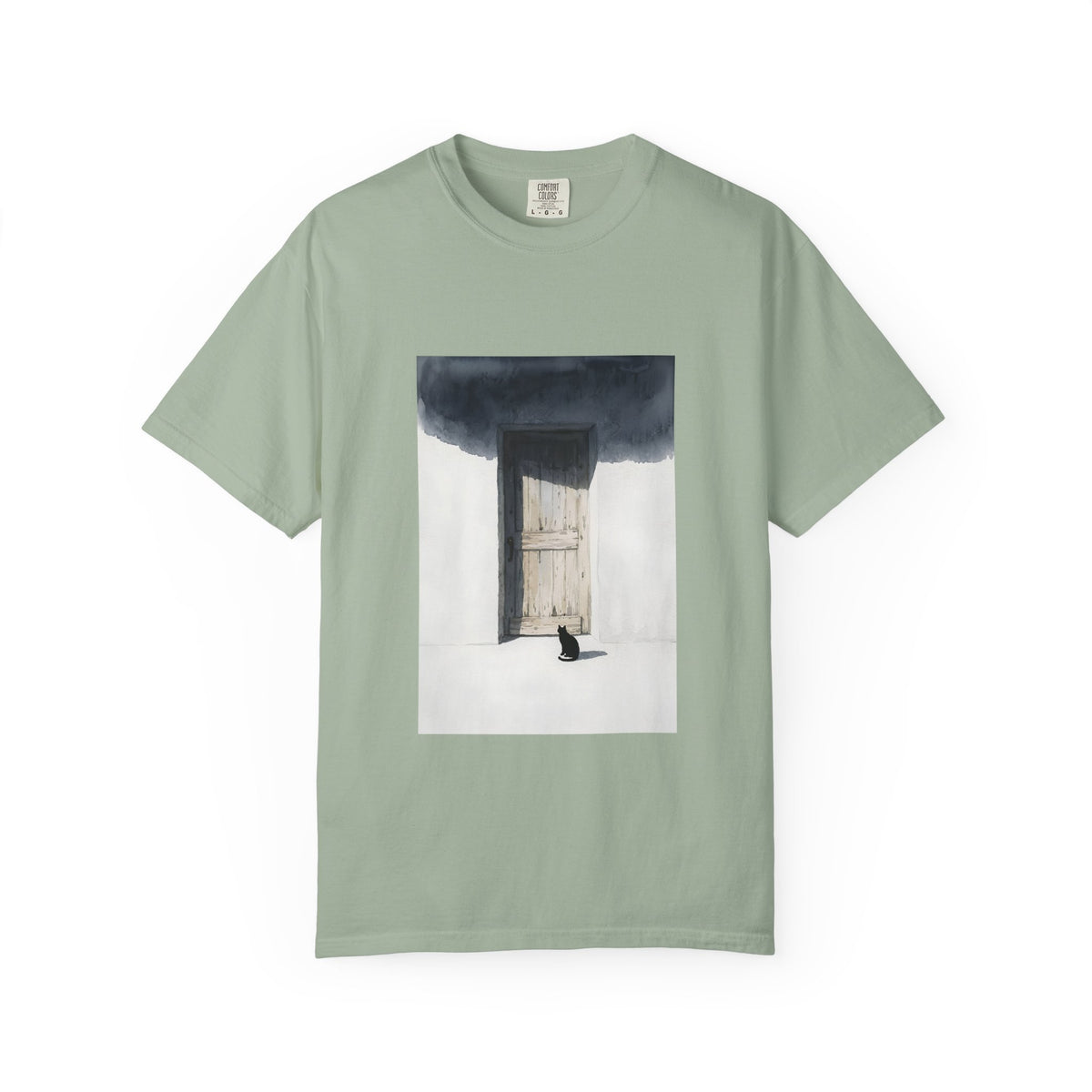 T-Shirt — Minimal Art Cat at Door Graphic Tee