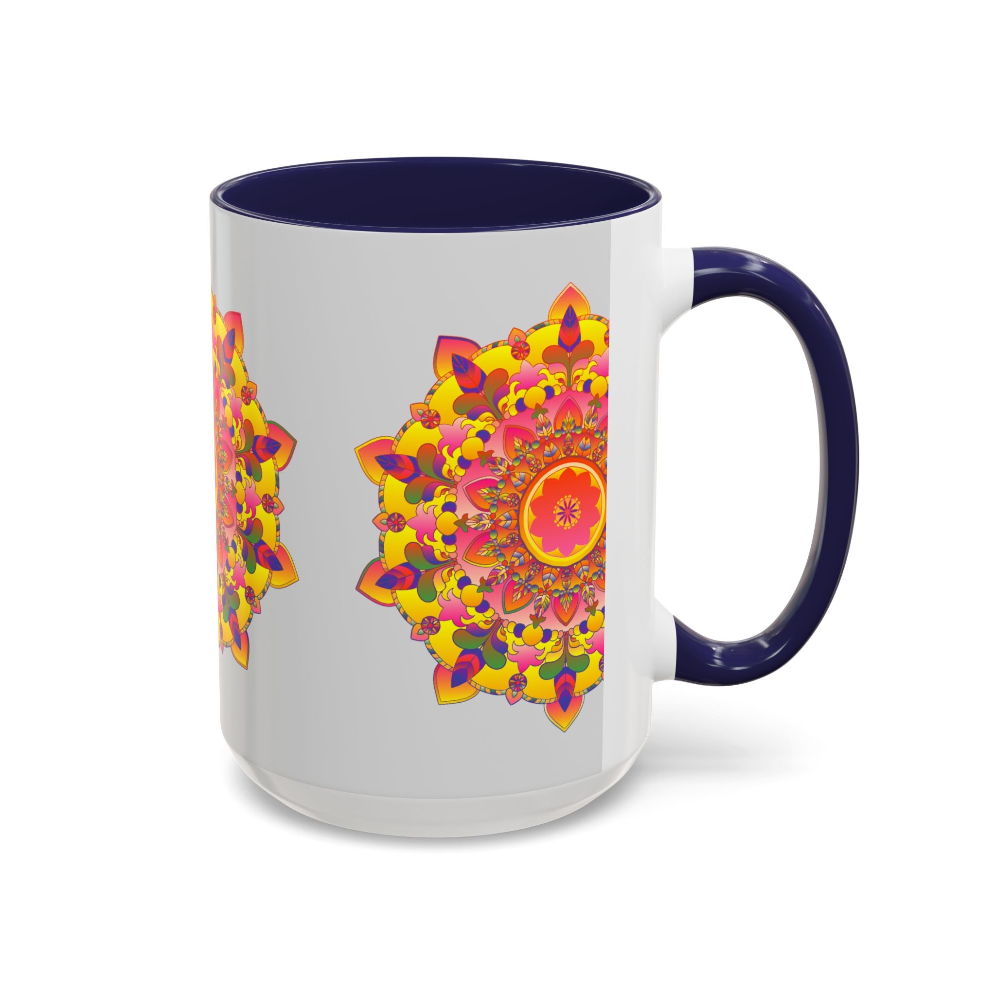 A close-up image of a white ceramic mug with a colorful and intricate mandala art design featuring vibrant shades of blue, green, yellow, and pink The detailed pattern includes geometric shapes and floral elements, making it a visually appealing and unique piece of drinkware