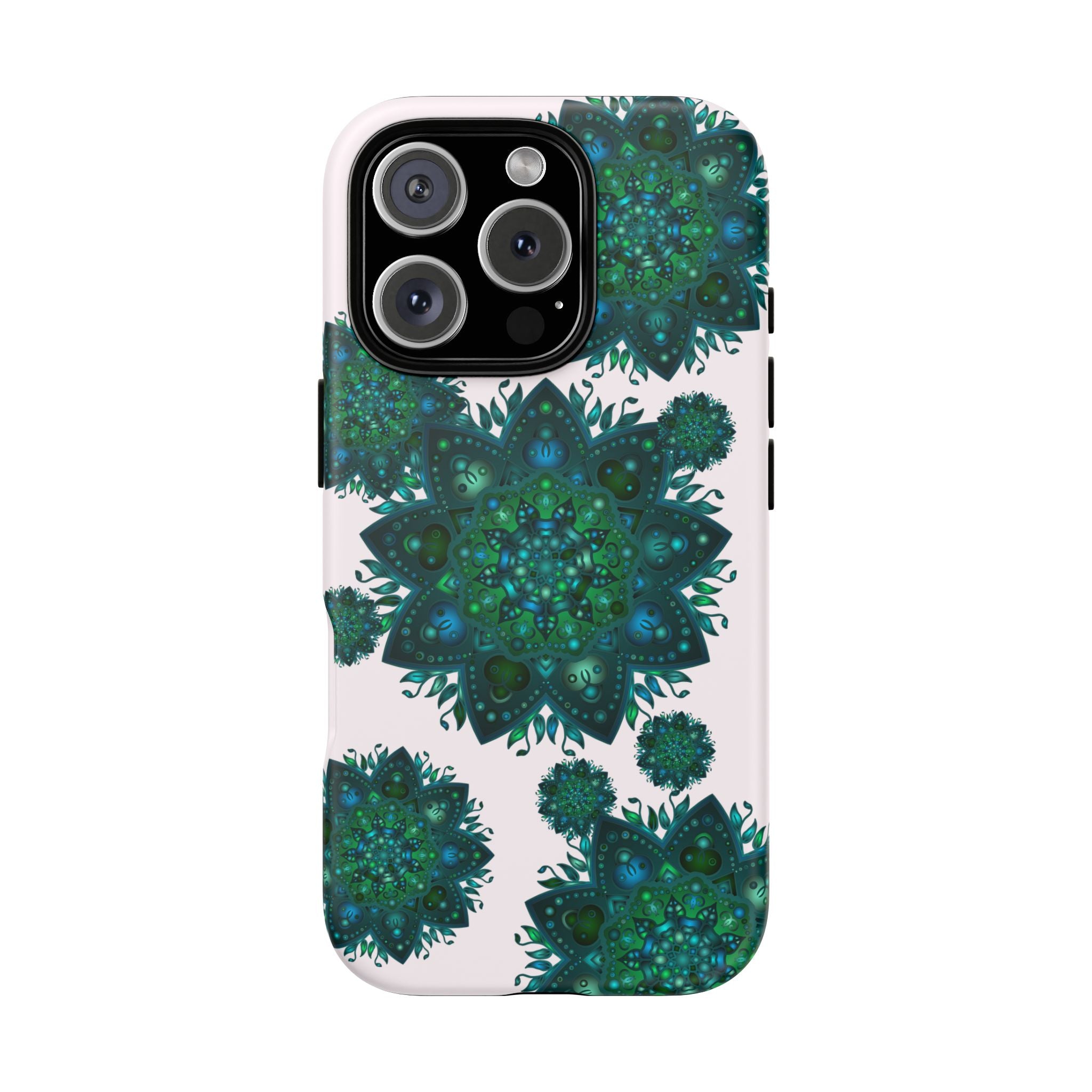 Beautiful light pink and green mandala phone case with a peaceful and intricate design