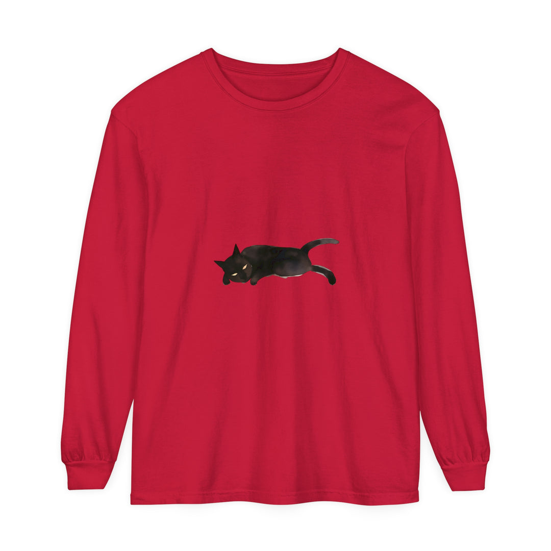 A cozy unisex long sleeve t-shirt with a cute black cat sleeping on it