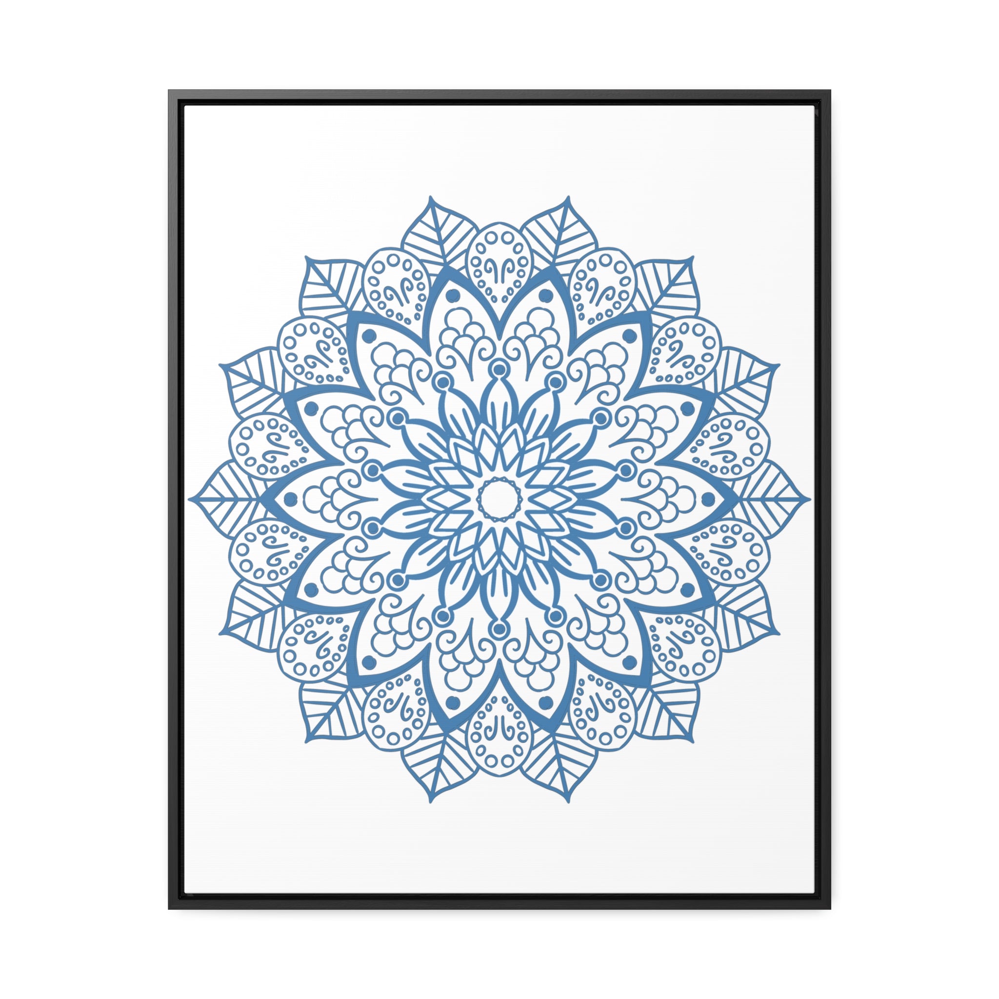 A beautiful steel blue mandala handmade art design on gallery canvas wraps, vertical frame