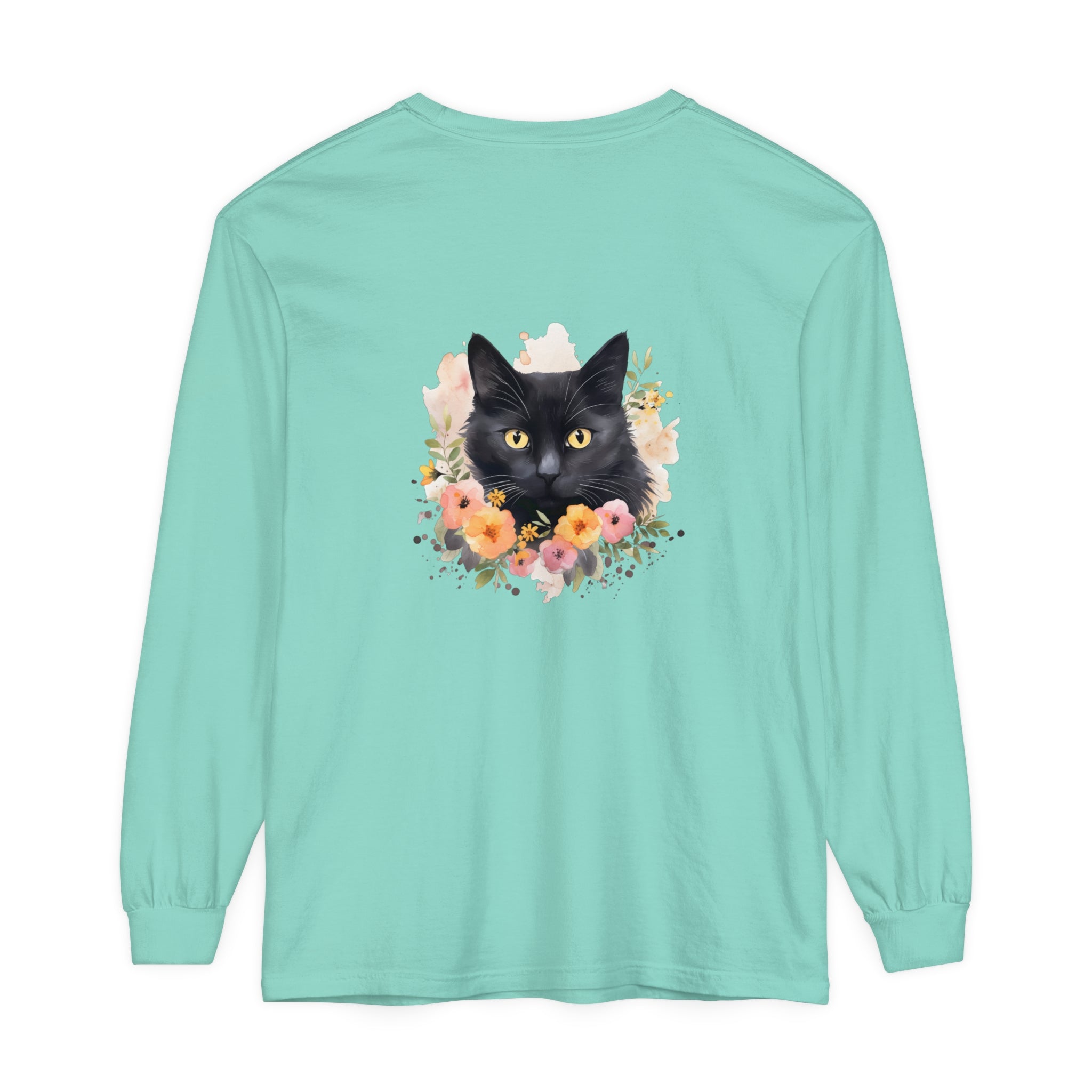 Black Cat Floral Portrait Unisex T-Shirt featuring a beautiful, detailed graphic of a black cat surrounded by vibrant, colorful flowers on a high-quality, comfortable shirt