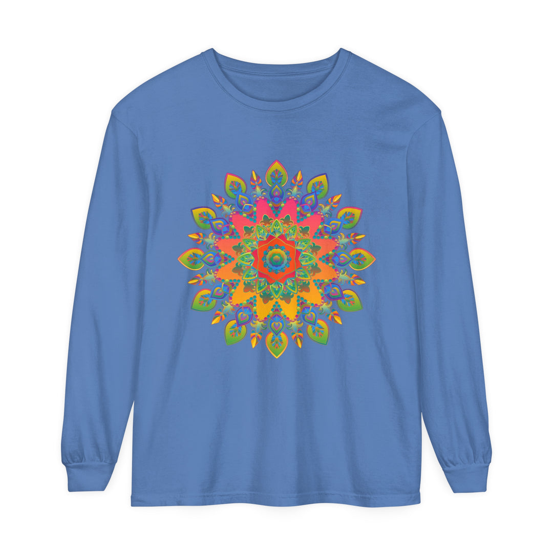 Colorful and intricate mandala design on a unisex long sleeve t-shirt