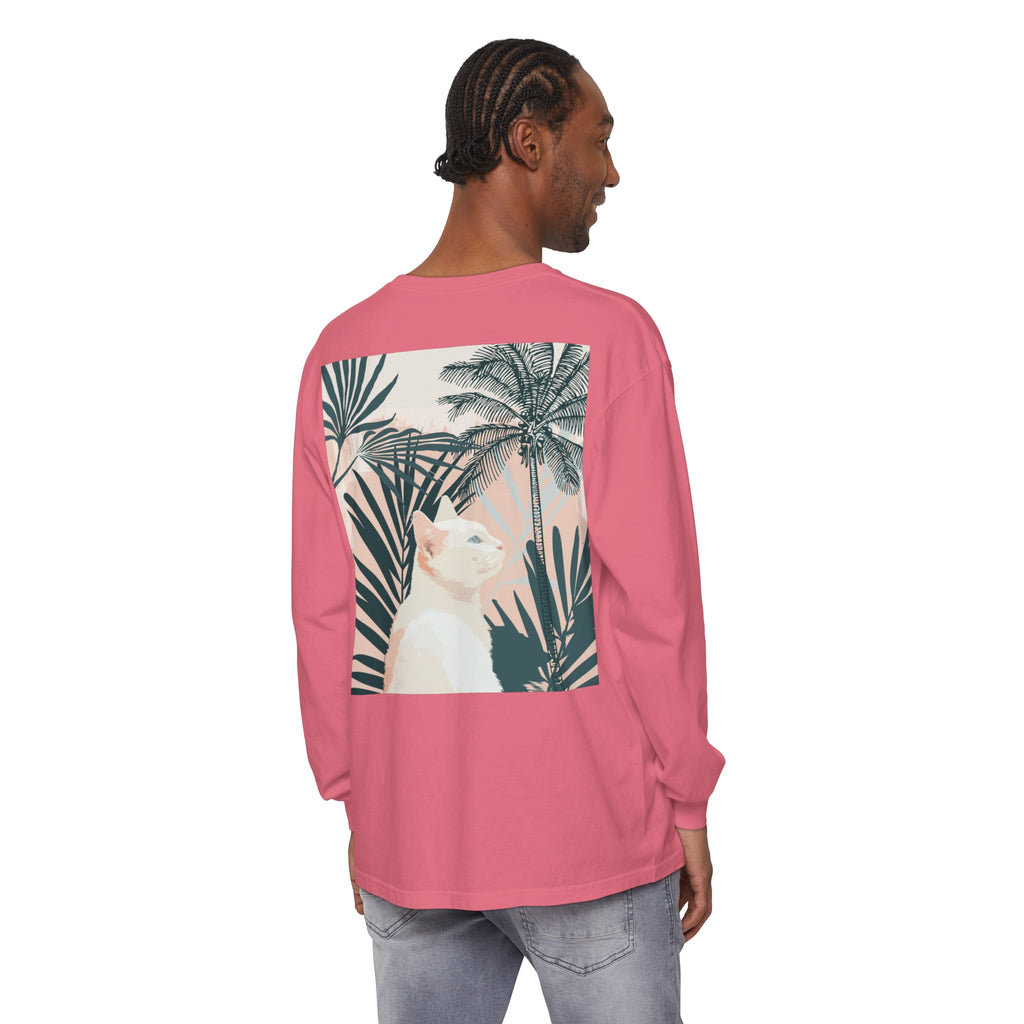 White Cat Tropical Mandala Long Sleeve T-Shirt featuring a vibrant tropical design