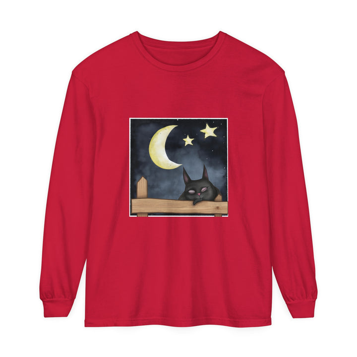 Comfortable black t-shirt featuring a serene night sky with a sleeping cat design