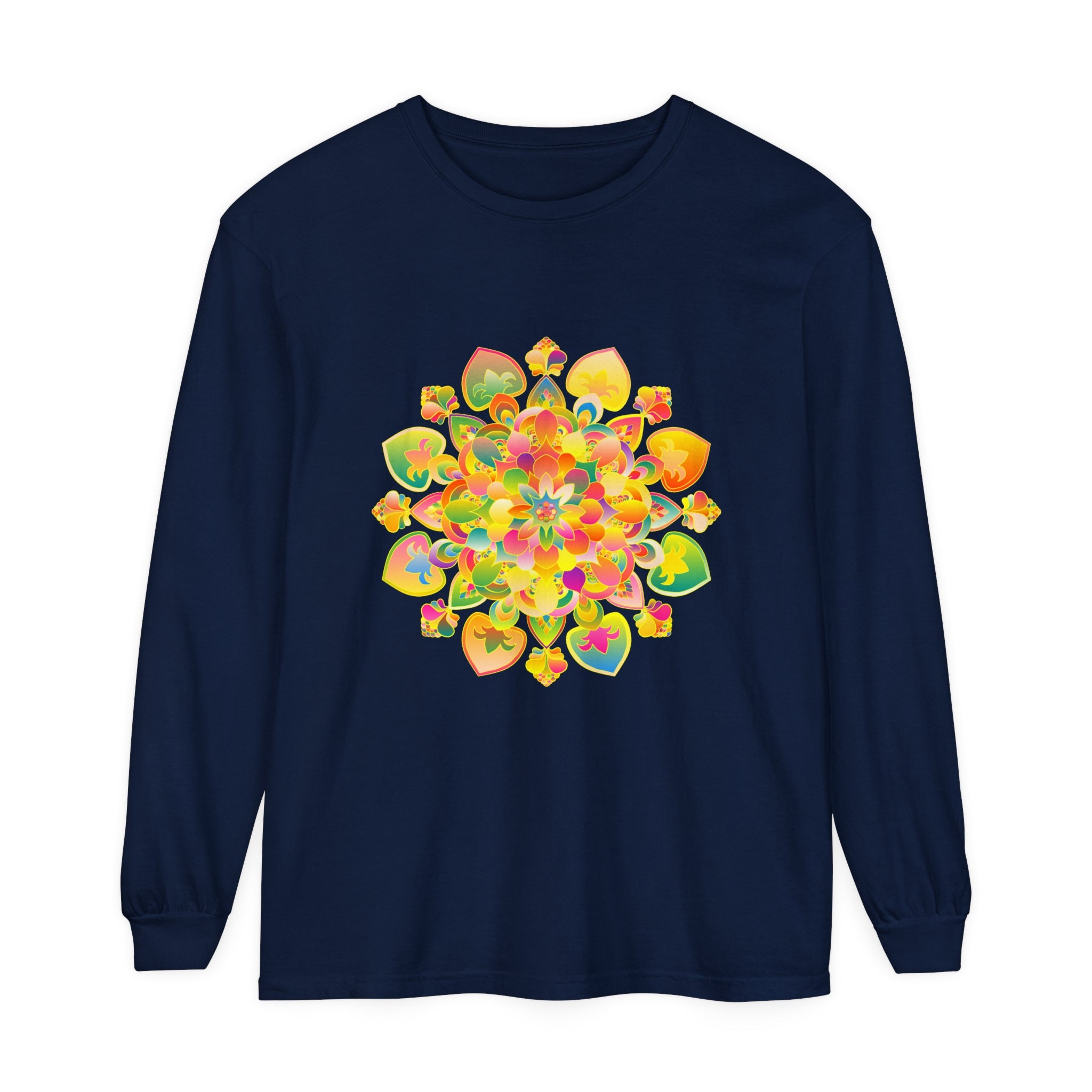 Colorful and intricate Psychedelic Mandala design on a long sleeve T-shirt