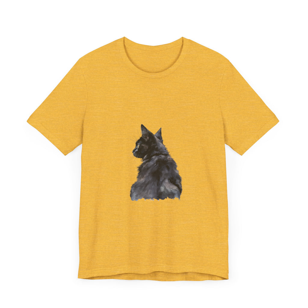 A watercolor painting of a mysterious black cat on a t-shirt