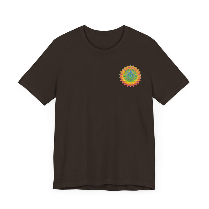 A colorful mandala design on a t-shirt, symbolizing spiritual peace and harmony