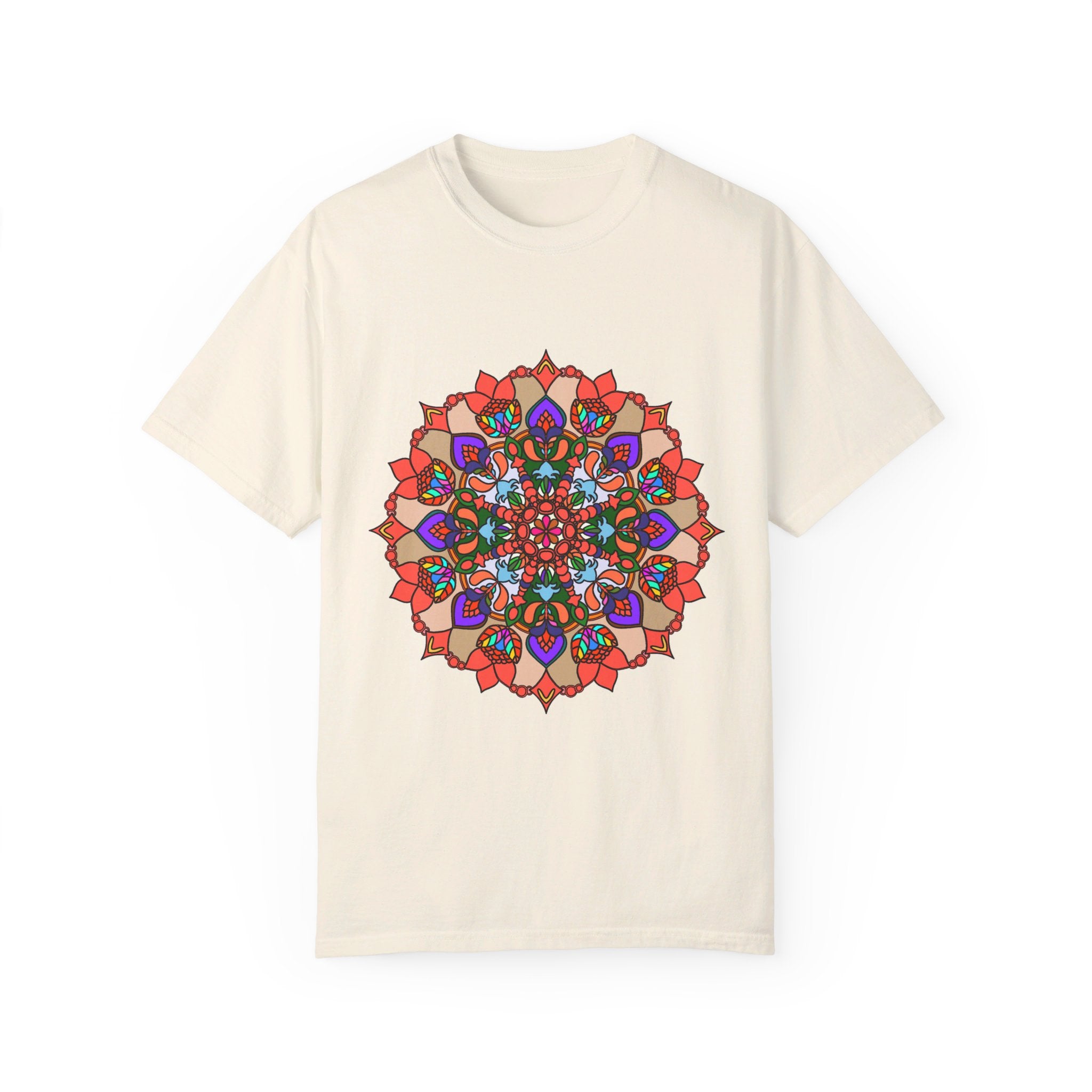 A close-up image of a Unisex Mandala T-Shirt made of 100% ring-spun cotton, featuring hand-drawn mandala art and garment-dyed for extra comfort