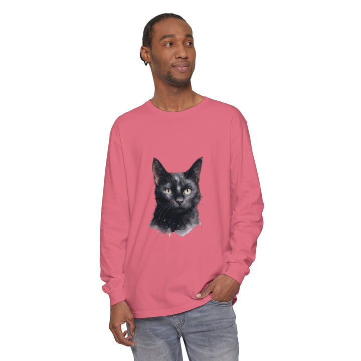 Black Cat Watercolor Unisex Long Sleeve T-Shirt featuring a vibrant watercolor painting of a black cat on a high-quality, comfortable long sleeve shirt