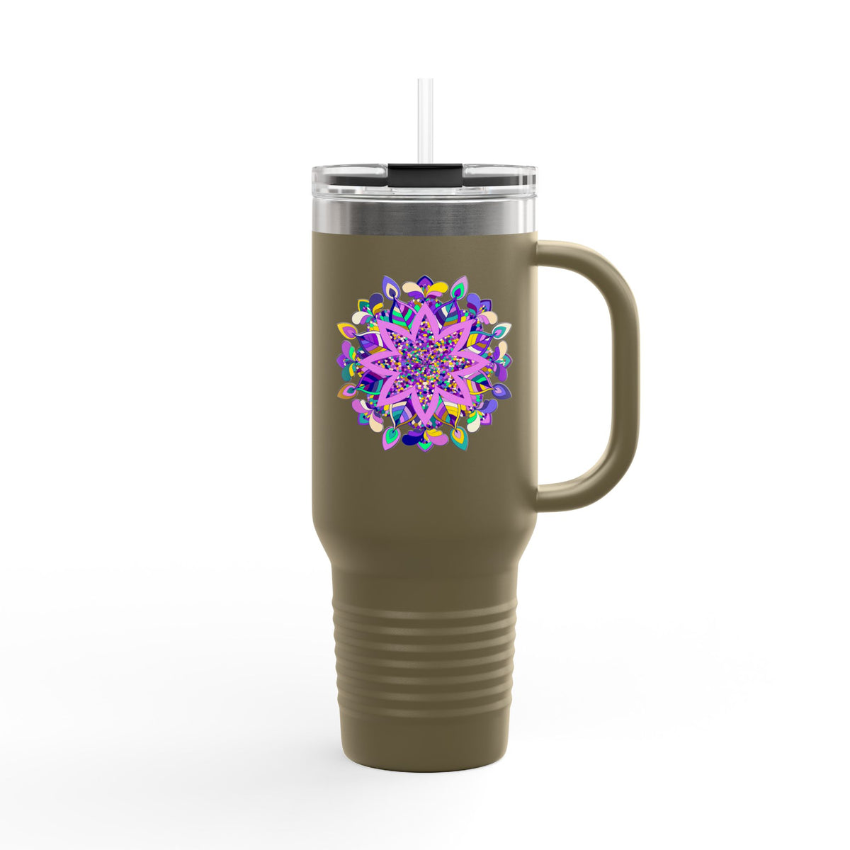 40oz Insulated Travel Mug — Purple Floral Mandala Design