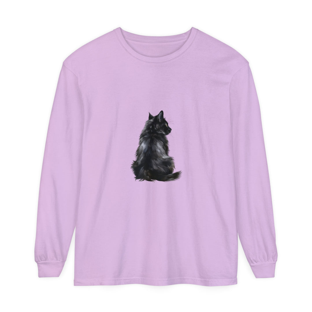 Black Cat Mystique Long Sleeve T-Shirt with intricate feline design and comfortable, breathable fabric