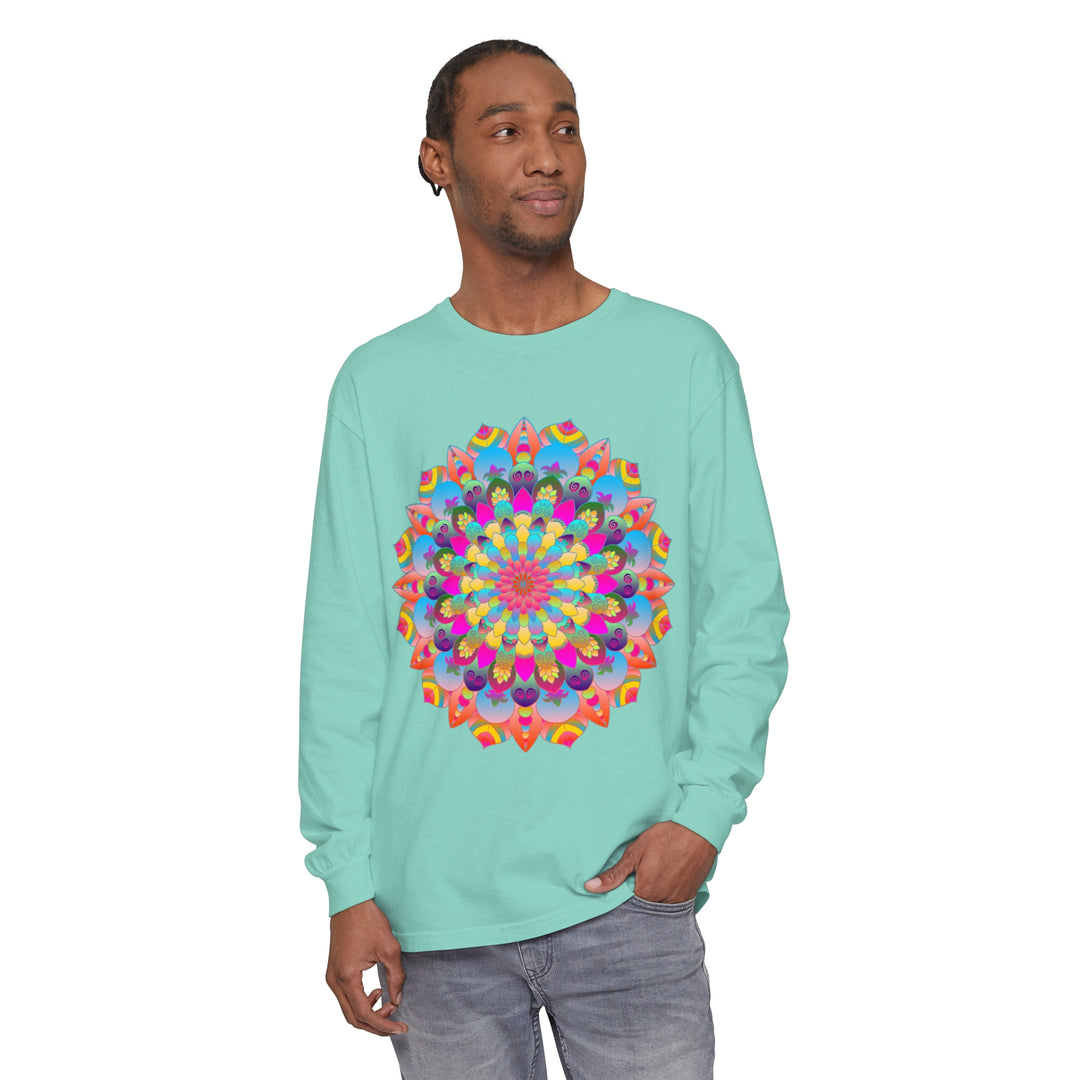 Colorful long sleeve t-shirt featuring intricate mandala design in psychedelic colors