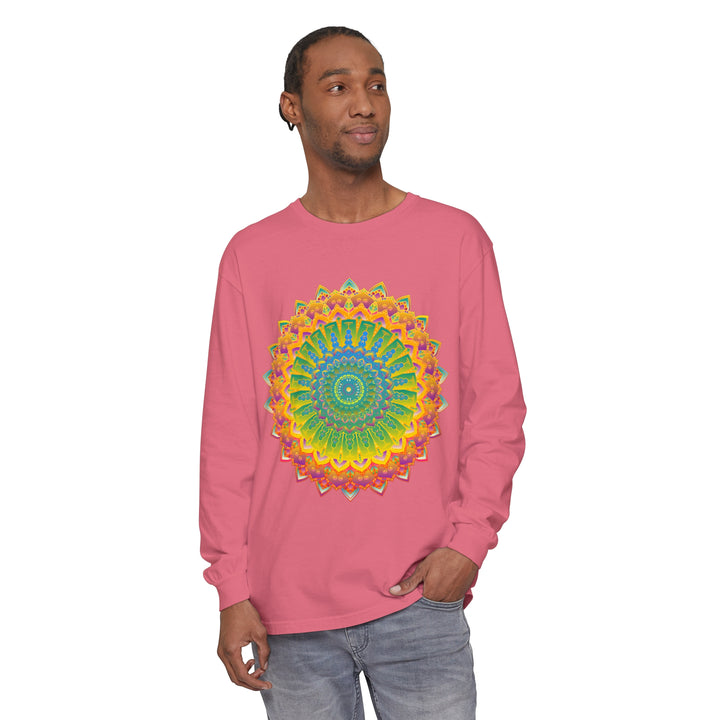 A close-up image of a unisex long sleeve T-shirt with an intricate mandala design in black and white