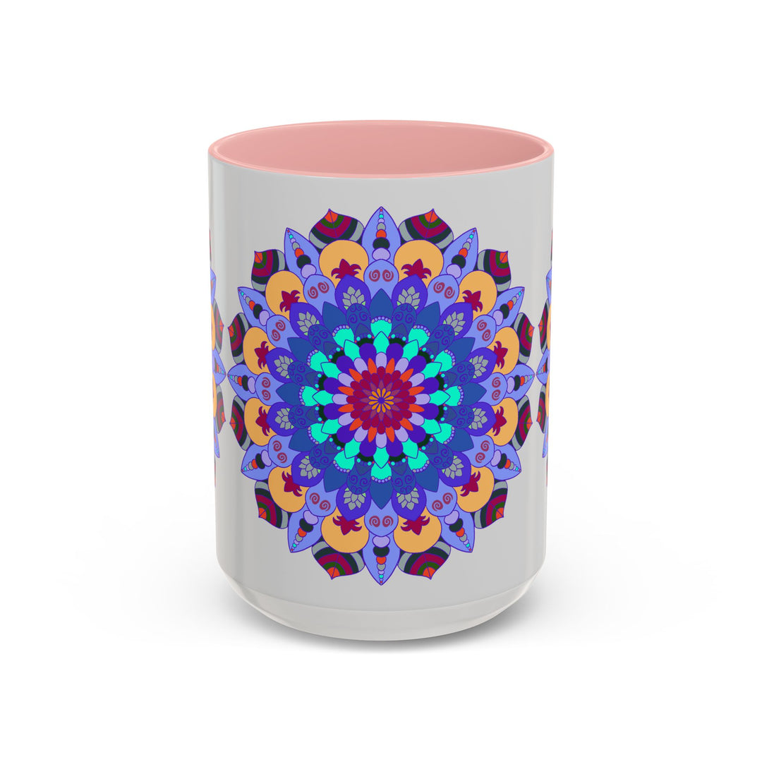 A vibrant and symmetrical mandala art design on a colorful ceramic mug