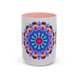 A vibrant and symmetrical mandala art design on a colorful ceramic mug