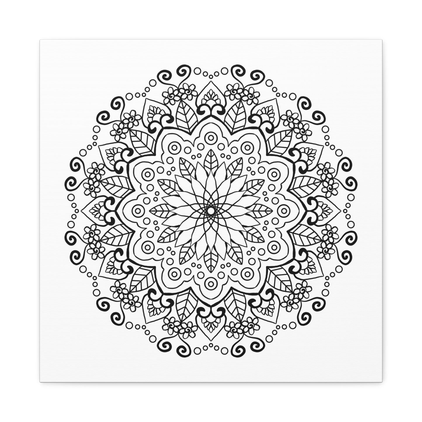 Handmade black and white mandala art on matte canvas, stretched, 125 inches