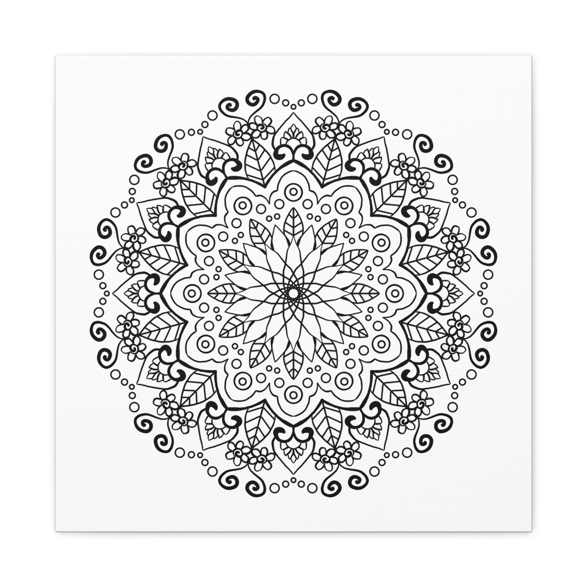 Handmade black and white mandala art on matte canvas, stretched, 125 inches