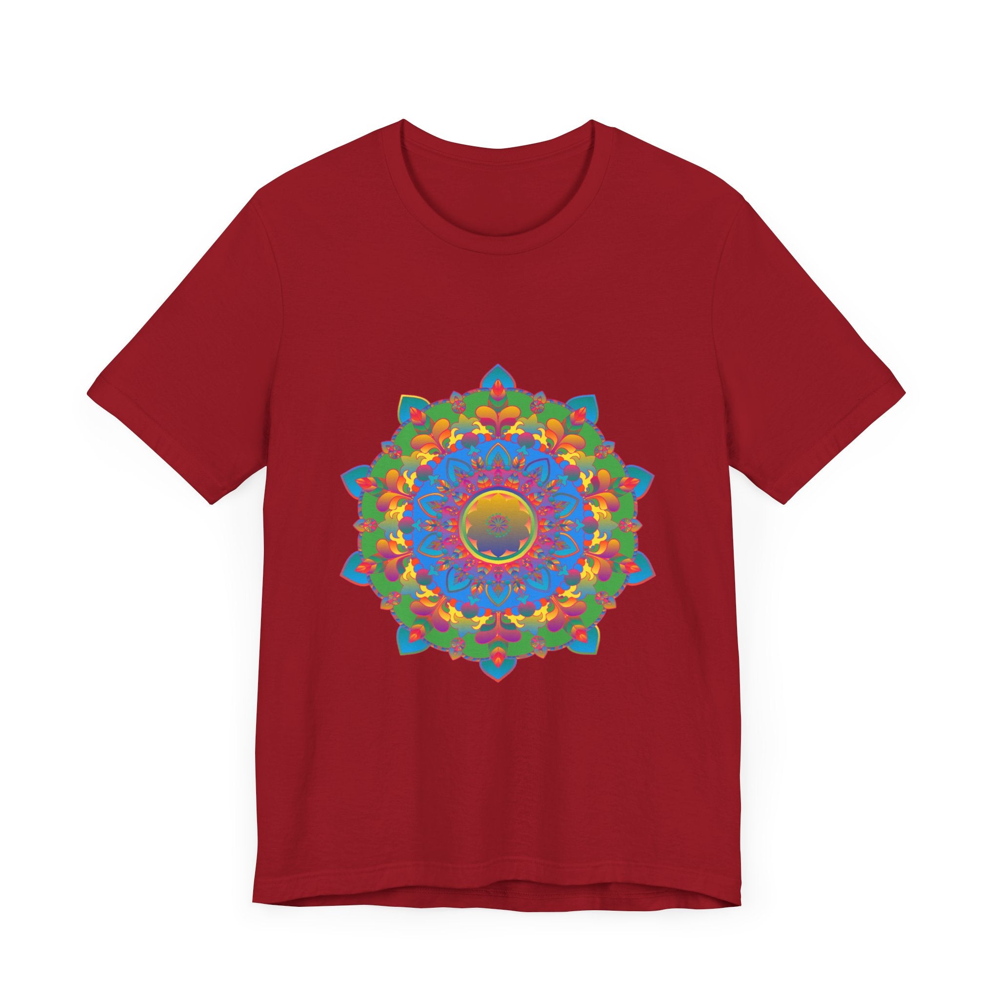 A vibrant and detailed mandala design adorns this colorful t-shirt, perfect for adding a pop of artistry to your wardrobe