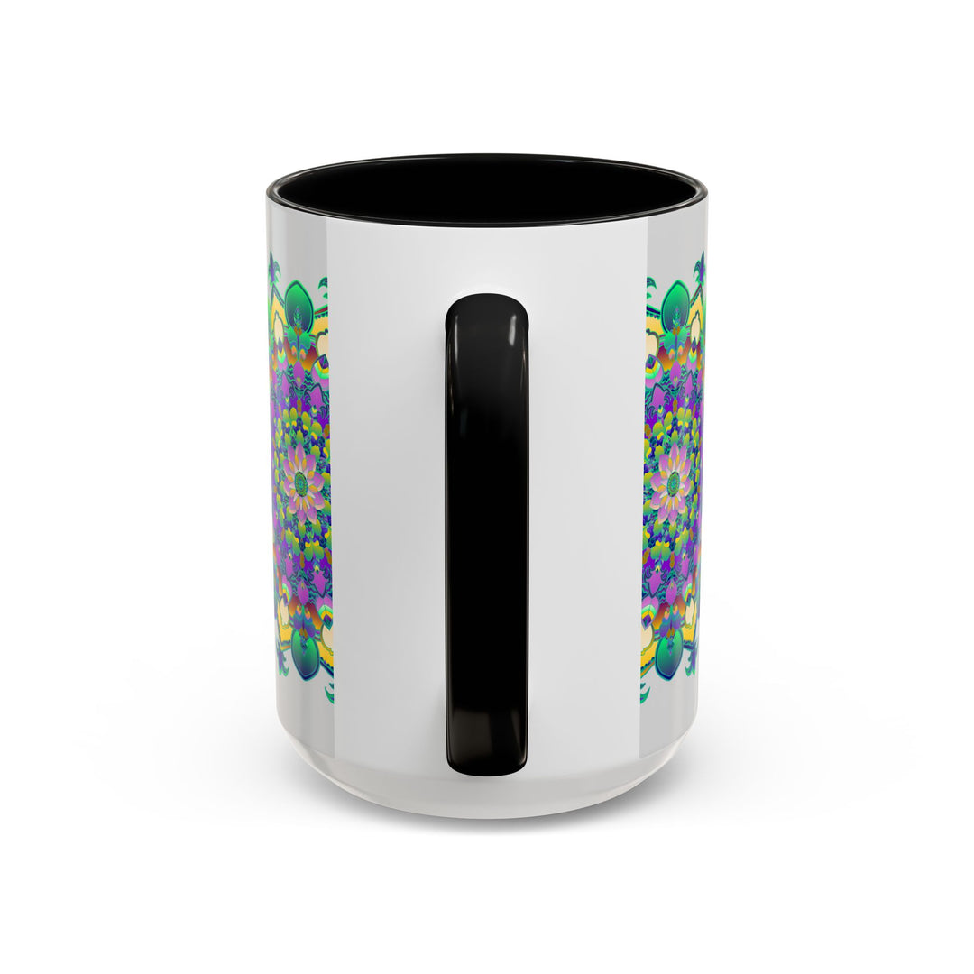 A light grey ceramic mug featuring a vibrant, intricate mandala art design