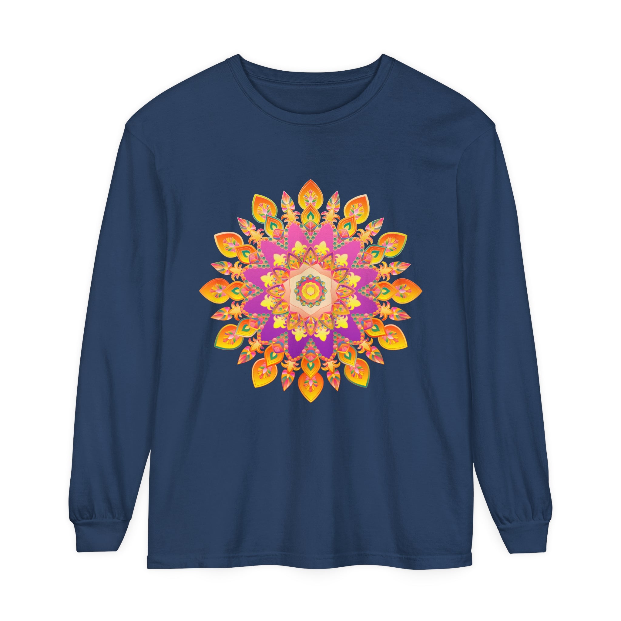 Colorful and intricate mandala design on a unisex long sleeve t-shirt