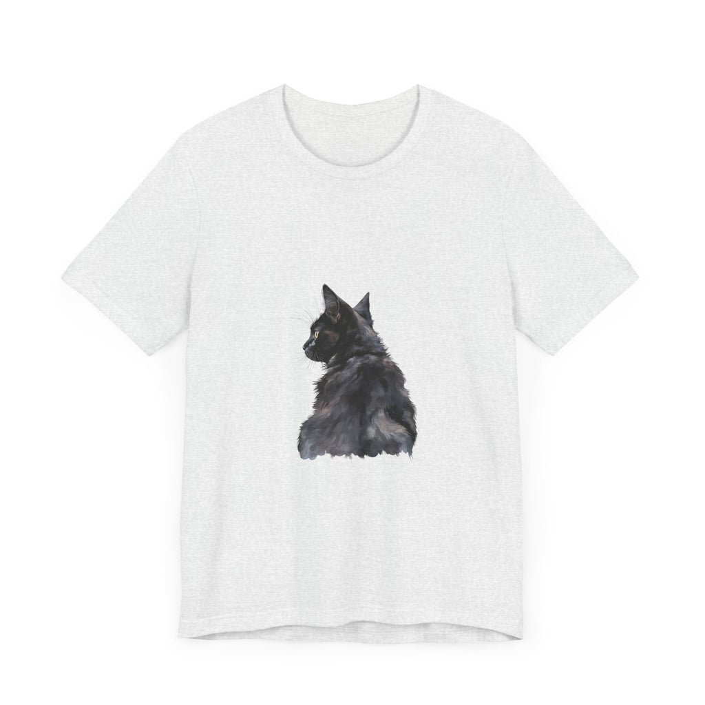 A stunning watercolor illustration of a mysterious black cat on a premium quality tee