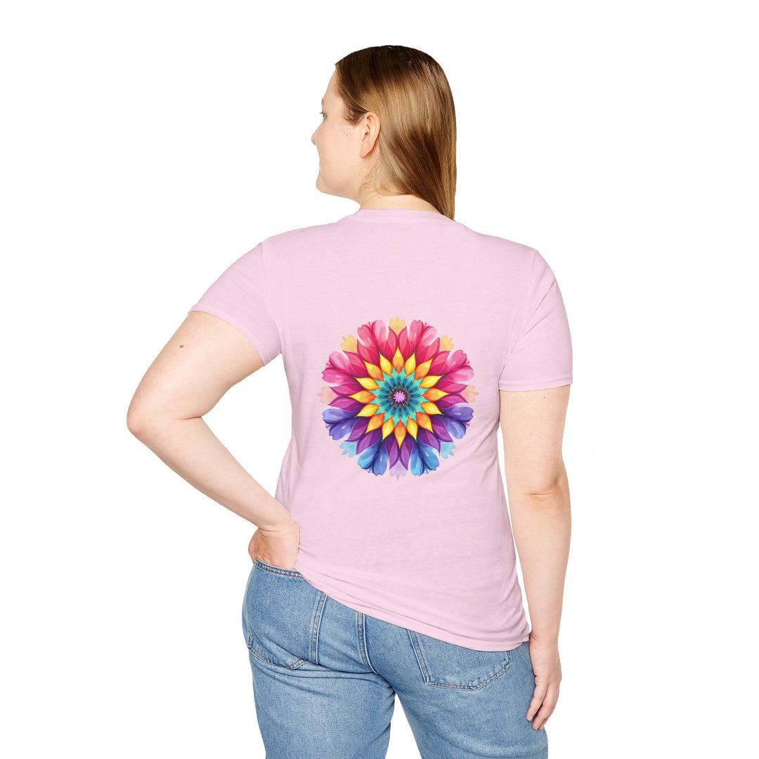 White t-shirt with a colorful floral mandala design and the quote 'Live, Laugh, Love' printed on it, perfect for a casual and stylish look