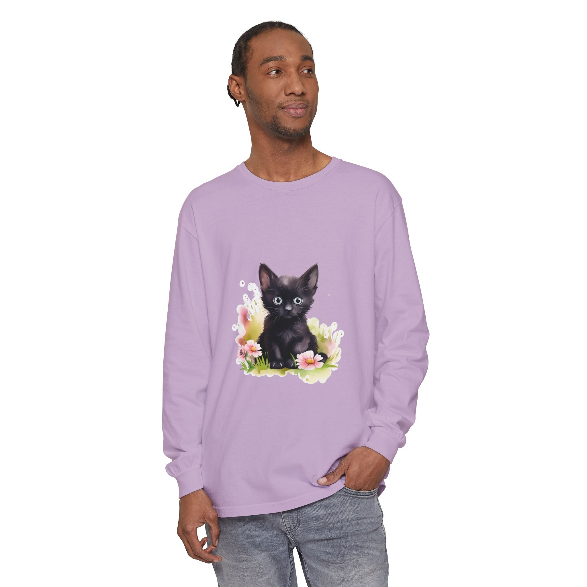 Langarmshirt | Schwarzes Kätzchen & rosa Blumen