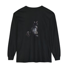 Black Cat Mystery unisex long sleeve tee with black cat illustration and spooky design
