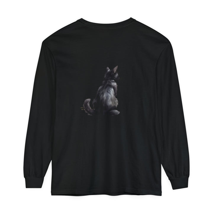 Black Cat Mystery unisex long sleeve tee with black cat illustration and spooky design