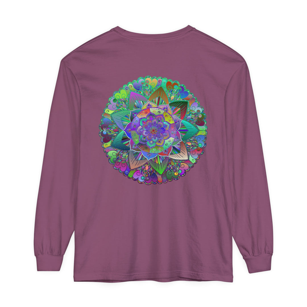 Colorful and intricate mandala design long sleeve t-shirt, suitable for both men and women, available in various sizes