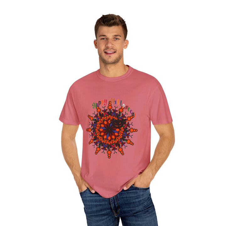 A close-up image of a unisex Halloween mandala t-shirt featuring a handmade pumpkin mandala art design, on a garment-dyed tee