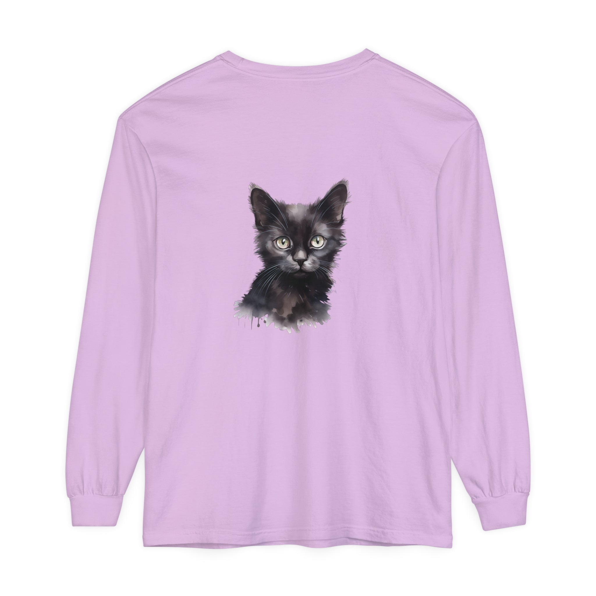 A long sleeve black cat watercolor t-shirt with unique design