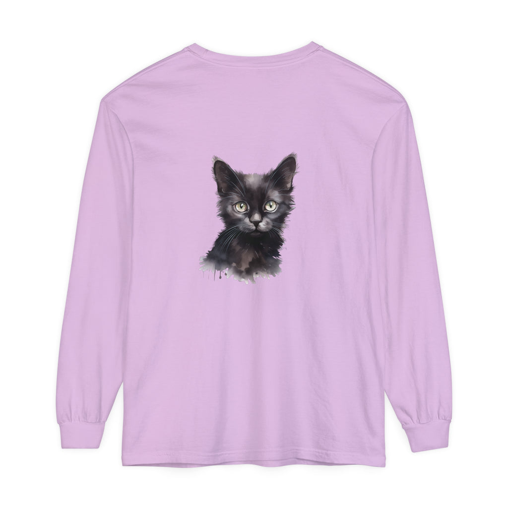 A long sleeve black cat watercolor t-shirt with unique design