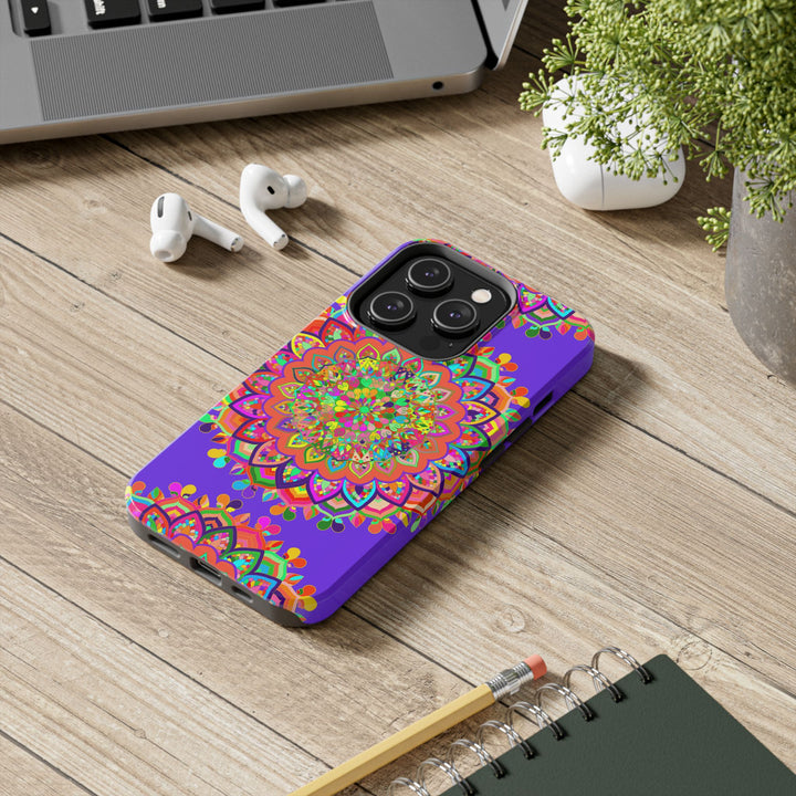 Hand drawn purple mandala art phone case with intricate floral patterns and delicate details