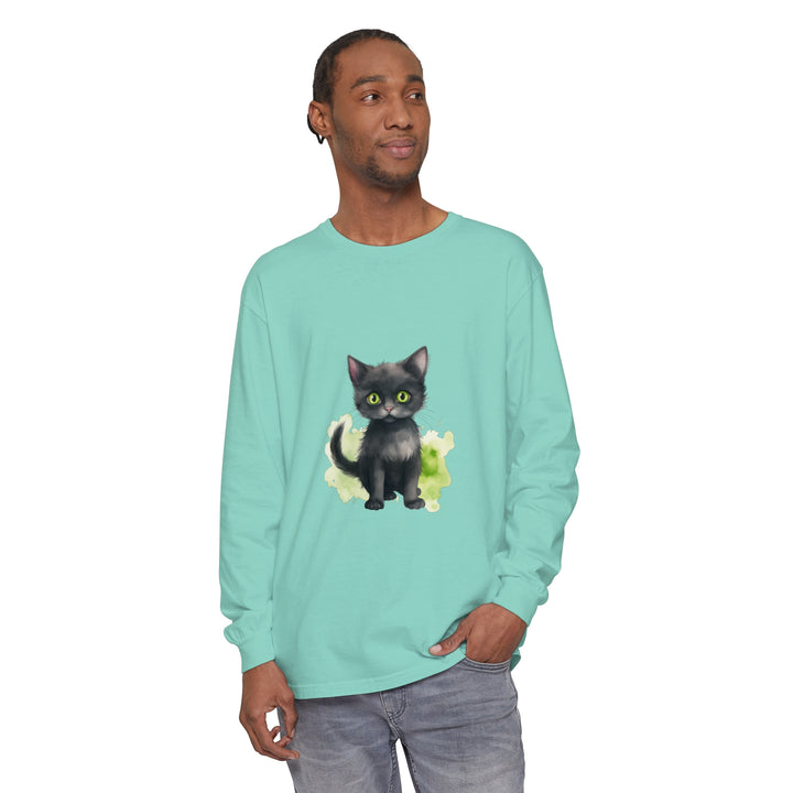 Black Cat Watercolor Long Sleeve T-Shirt with vibrant watercolor cat design