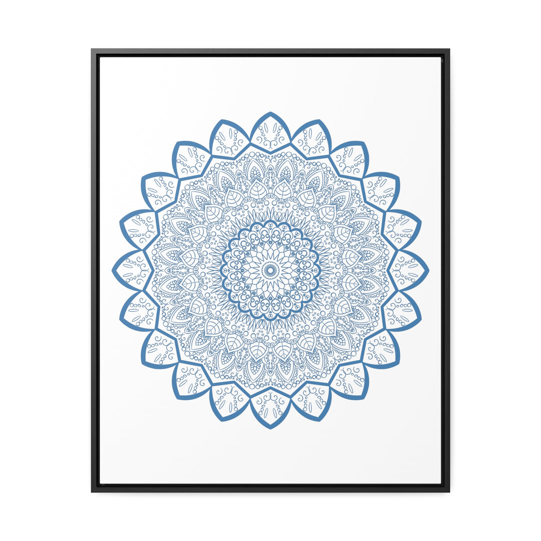 Handcrafted steel blue mandala design wall art on gallery canvas wraps in vertical frame, showcasing intricate handmade artistry