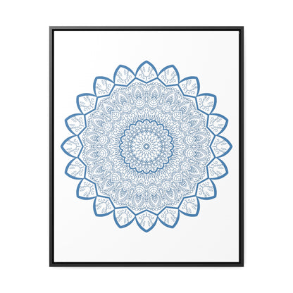 Handcrafted steel blue mandala design wall art on gallery canvas wraps in vertical frame, showcasing intricate handmade artistry