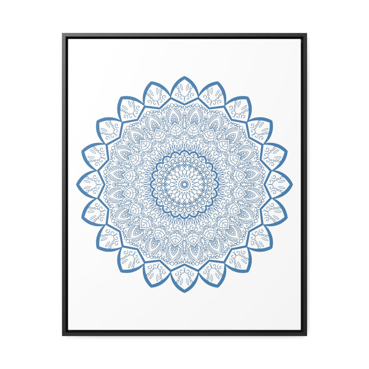 Handcrafted steel blue mandala design wall art on gallery canvas wraps in vertical frame, showcasing intricate handmade artistry