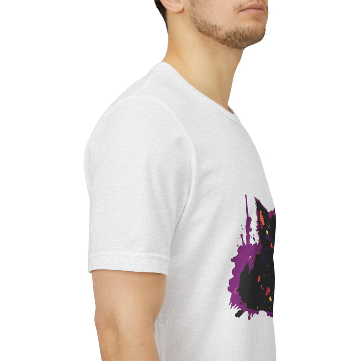 Schwarzes Katzenrätsel – Lila Farbspritzer-T-Shirt