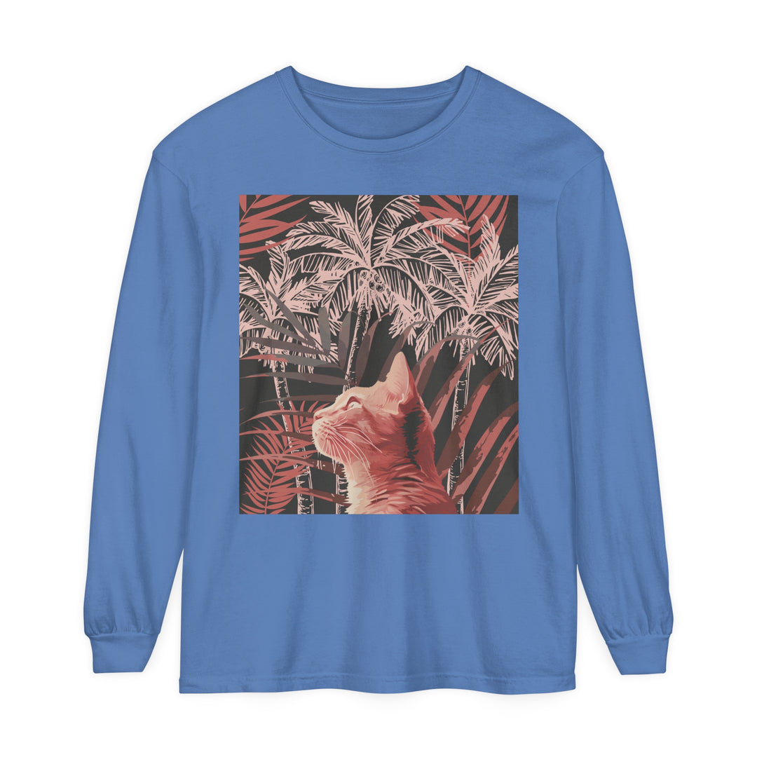 Adorable ginger cat lounging under a palm tree on a t-shirt