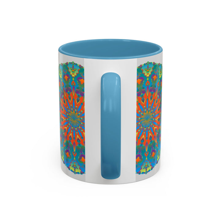 Beautiful handcrafted ceramic mug featuring an intricate mandala design in shades of blue and green