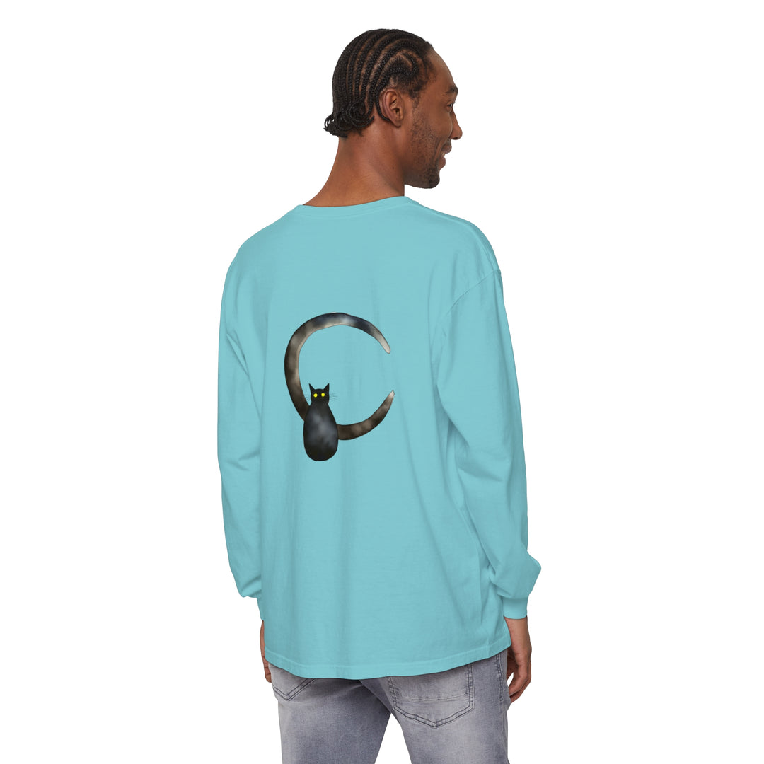 Black Cat Crescent Moon T-Shirt featuring a majestic black cat sitting on a crescent moon against a starry night sky, perfect for cat lovers and fans of Halloween fashion