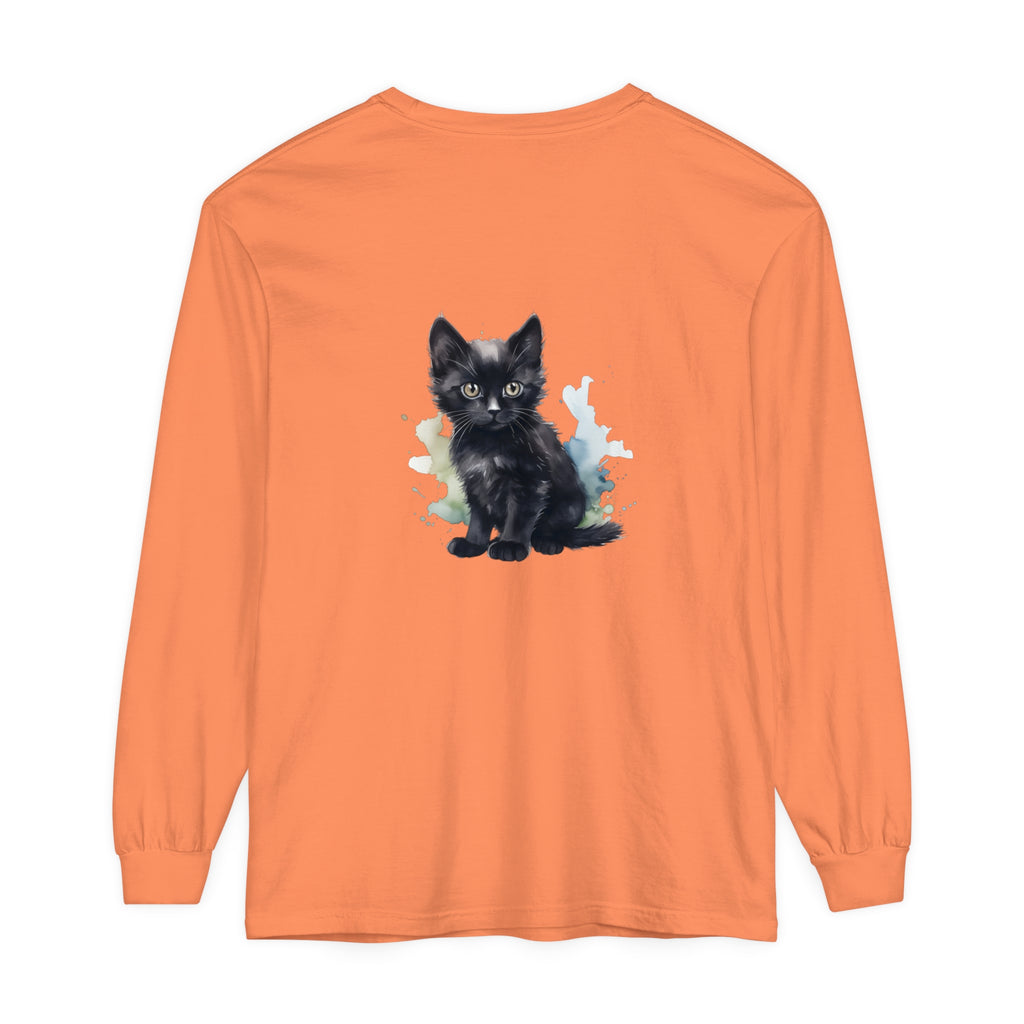 Black watercolor kitten design on a long sleeve T-shirt for women