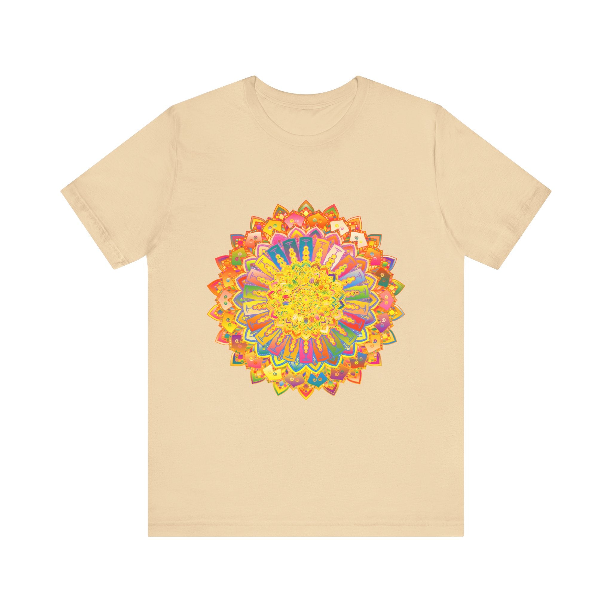 A vibrant and peaceful mandala tee, featuring intricate designs in various colors