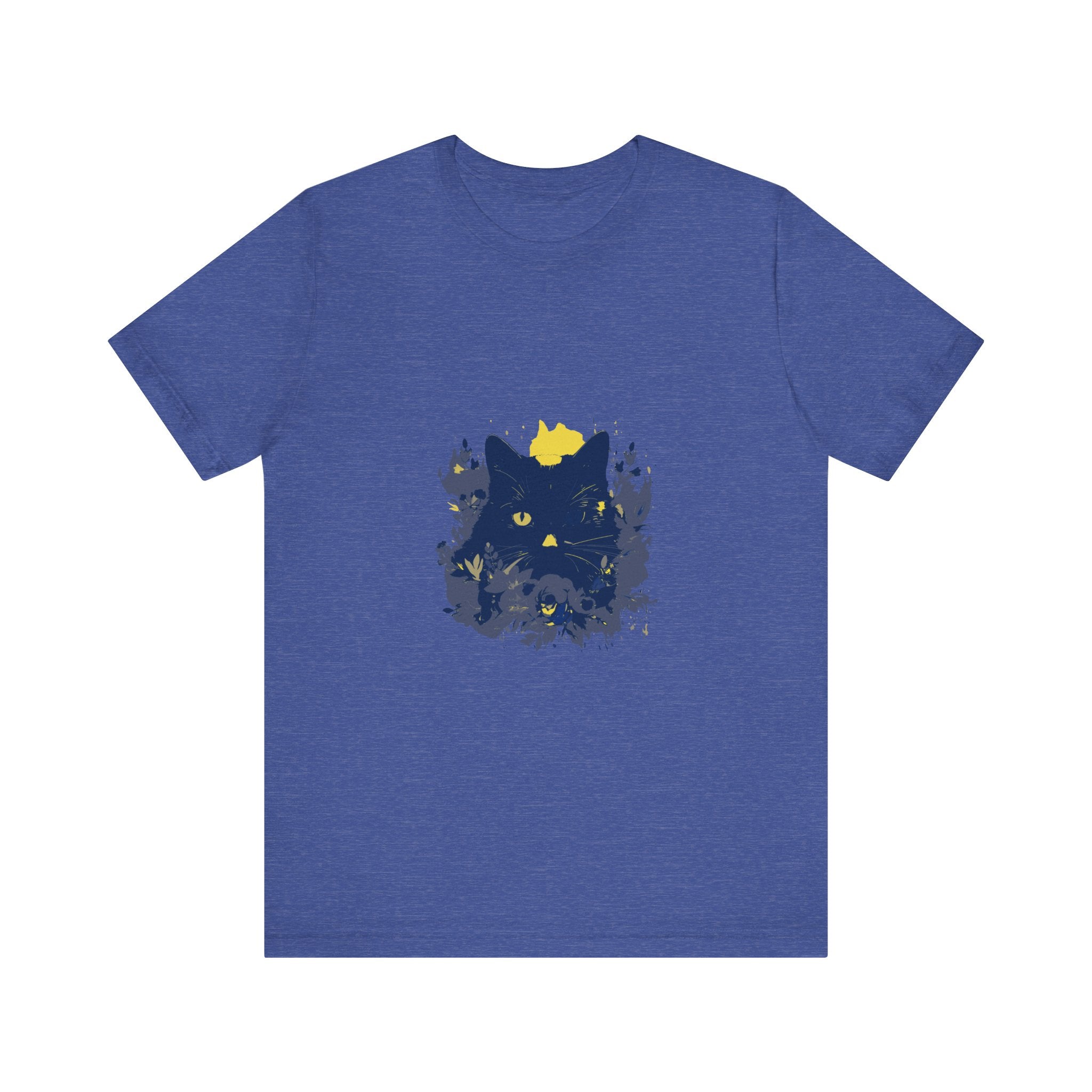 Black Cat Mystery T-Shirt - Whimsical Flowers - a black t-shirt featuring a mysterious black cat surrounded by whimsical flowers